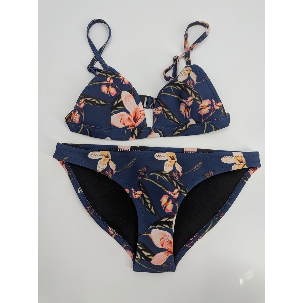 Muxilove Womens Floral Bikini Set Navy Blue Triangle Top Low Rise neoprene